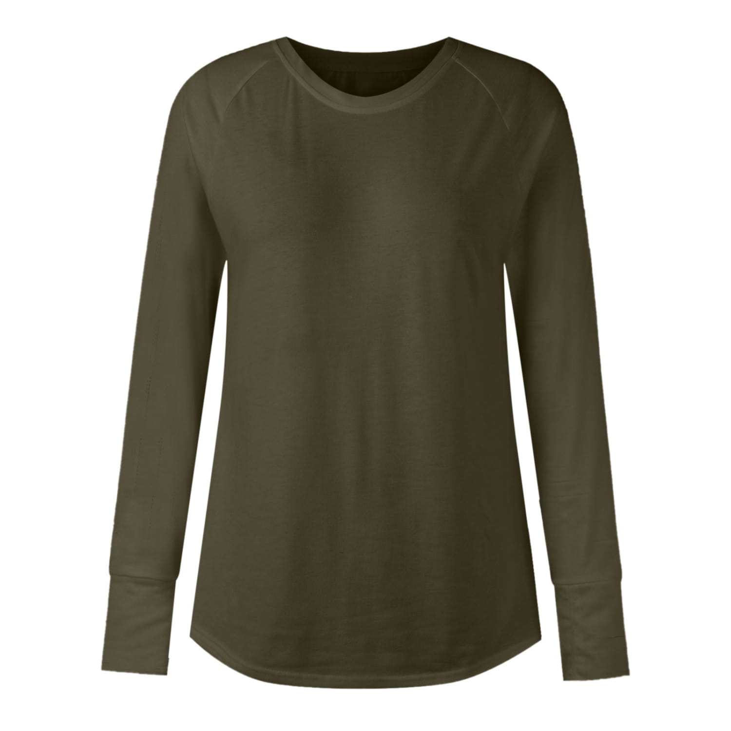 olive green women long sleeve cotton tunic top with a relaxed fit and raglan sleeves featuring a solid pattern type.