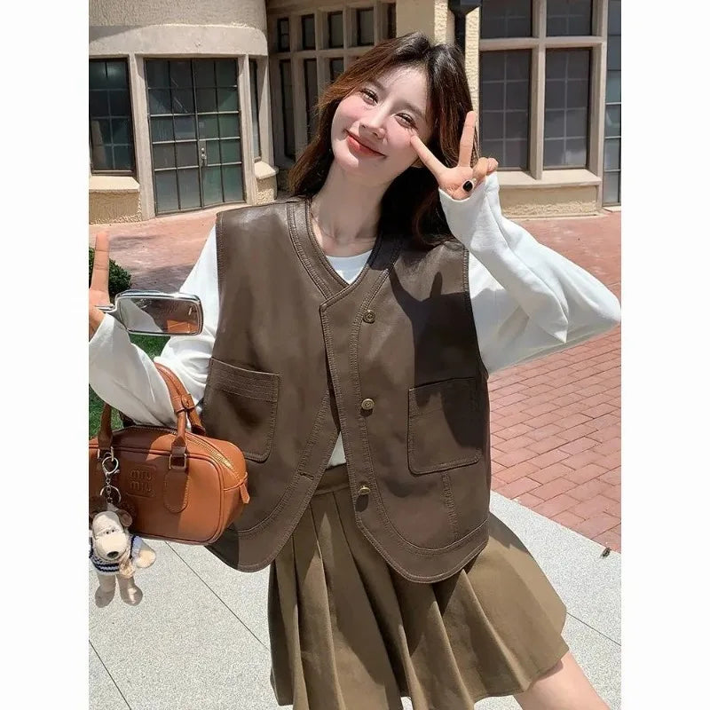 Short Leather Vest Jacket for Women Spring Autumn Super Popular European Retro