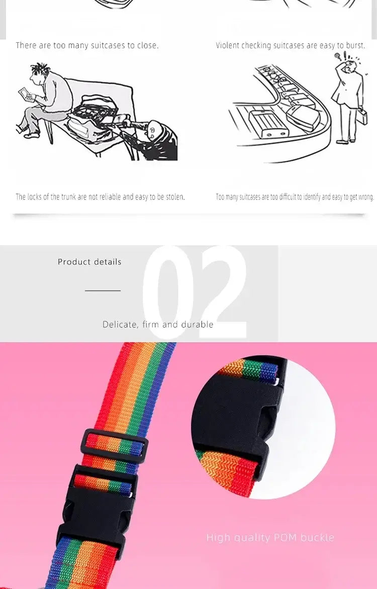 Verstellbarer Gepäckriemen mit strapazierfähigem, regenbogenstreifendem Stoff und schwarzer Kunststoffschnalle zur Sicherung von Koffern.