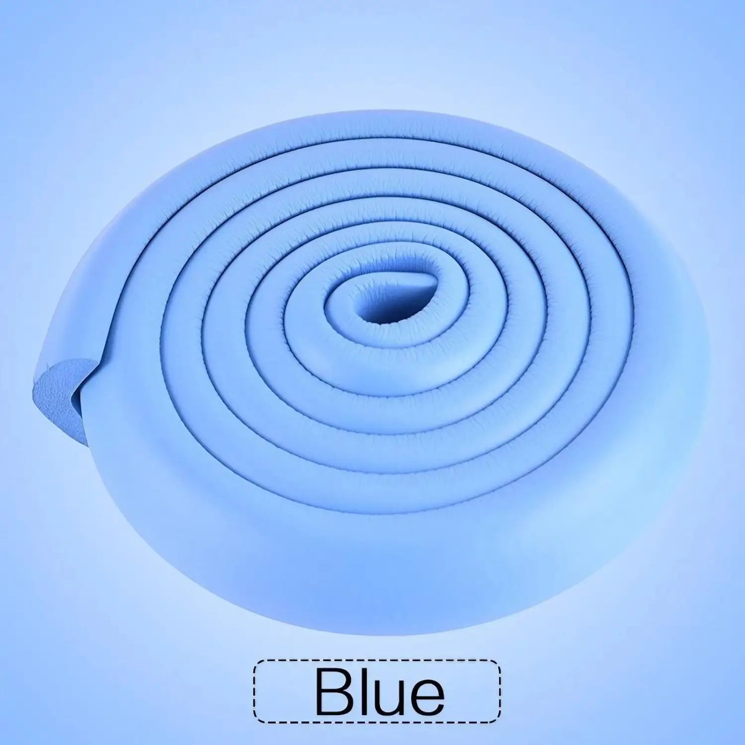 blue foam child safety bumper strip thick l shape guard coiled into a spiral with soft rounded contours for edge protection.
