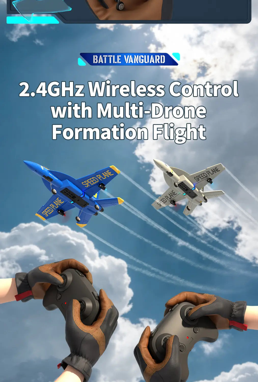 remote control blue and white foam f18 hornet glider jets with speed plane markings fly in formation against a cloudy sky