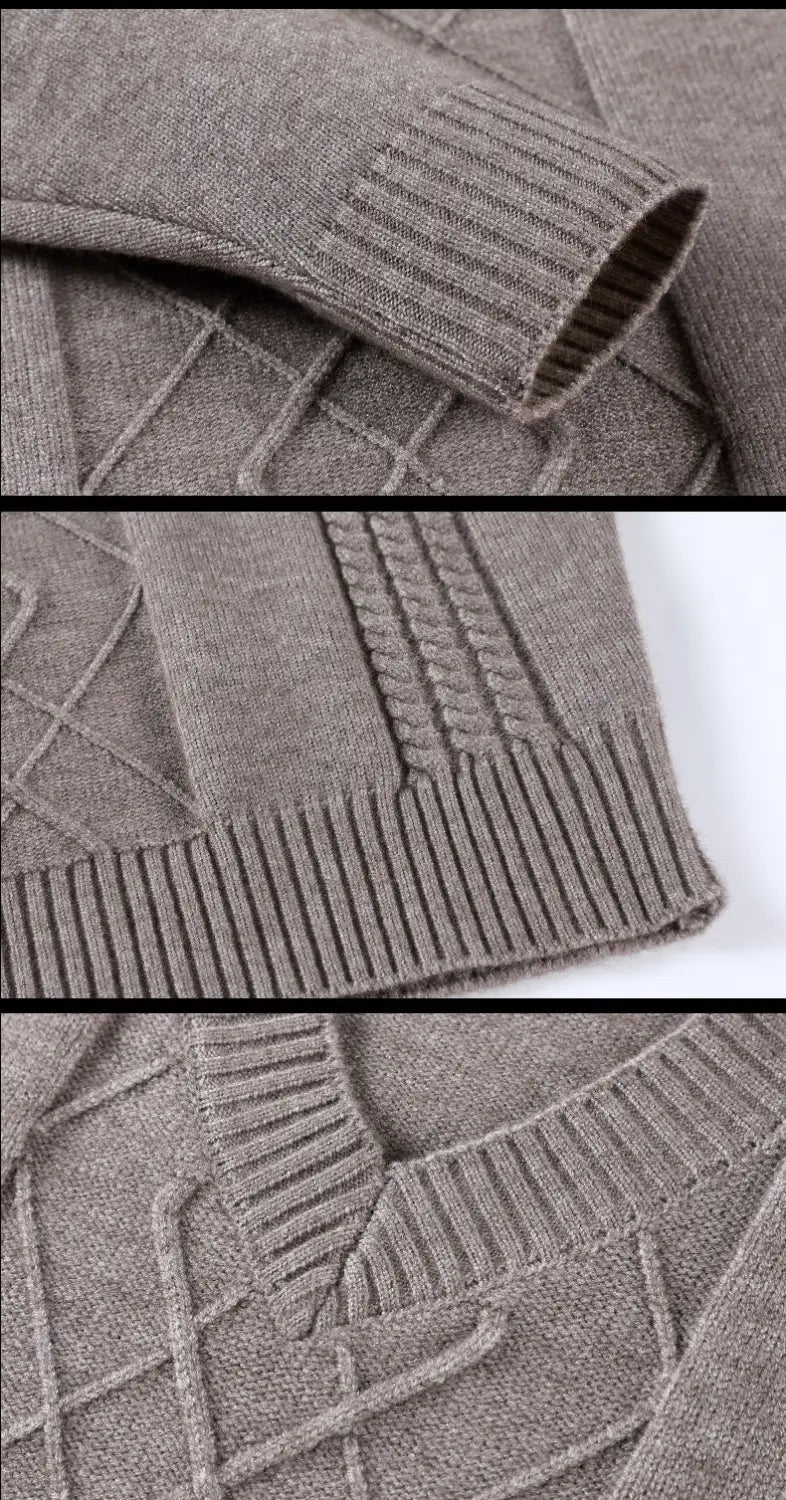Herren-V-Ausschnitt-Strickpullover als Casual-Winterpullover in strukturiertem grauem Strick mit aufwendigen Zopf- und gerippten Mustern.