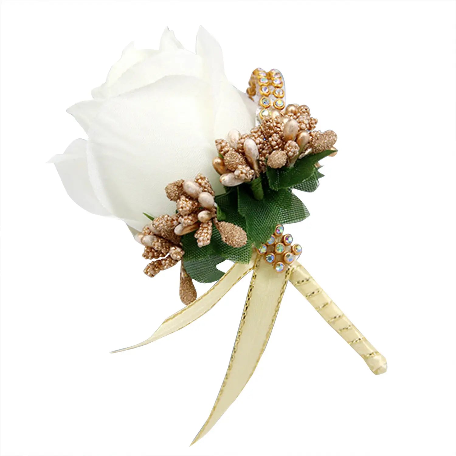 Elegant white rose boutonniere made of artificial silk adorned with gold-toned beads, pearls, and sparkling rhinestones on green fabric leaves tied with a cream ribbon for blue wedding corsage use.