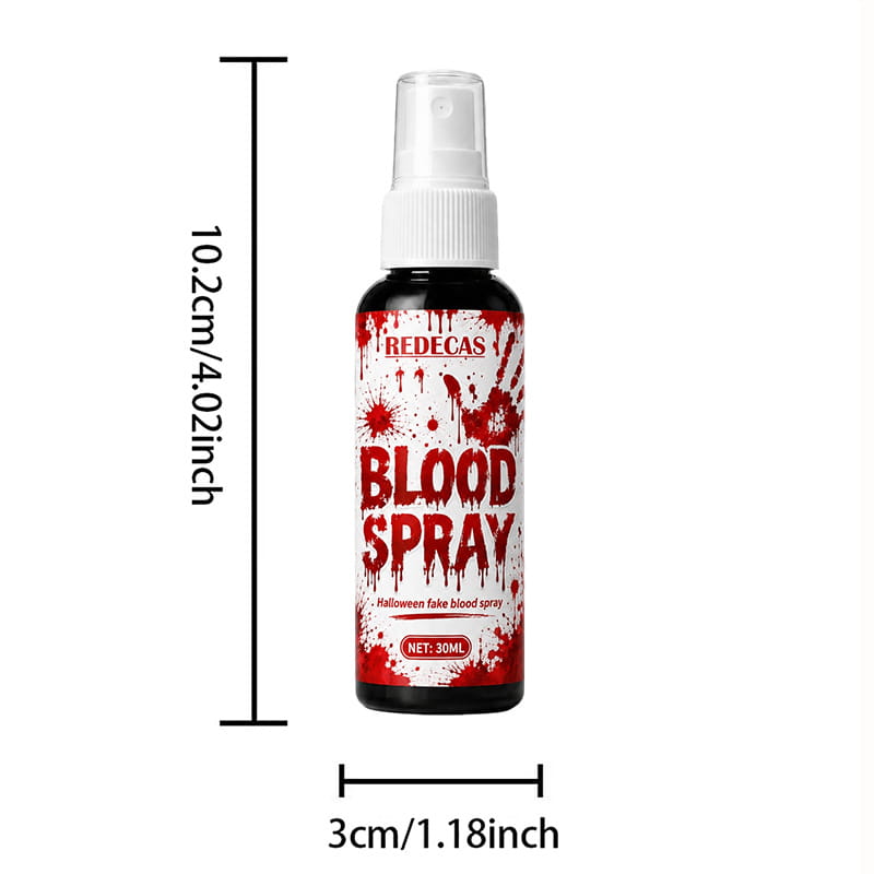 Redecas spray de sangre falsa para Halloween de 30 ml en un frasco negro con diseño de salpicaduras rojas y tapón blanco, lavable e ideal para uso en Halloween.