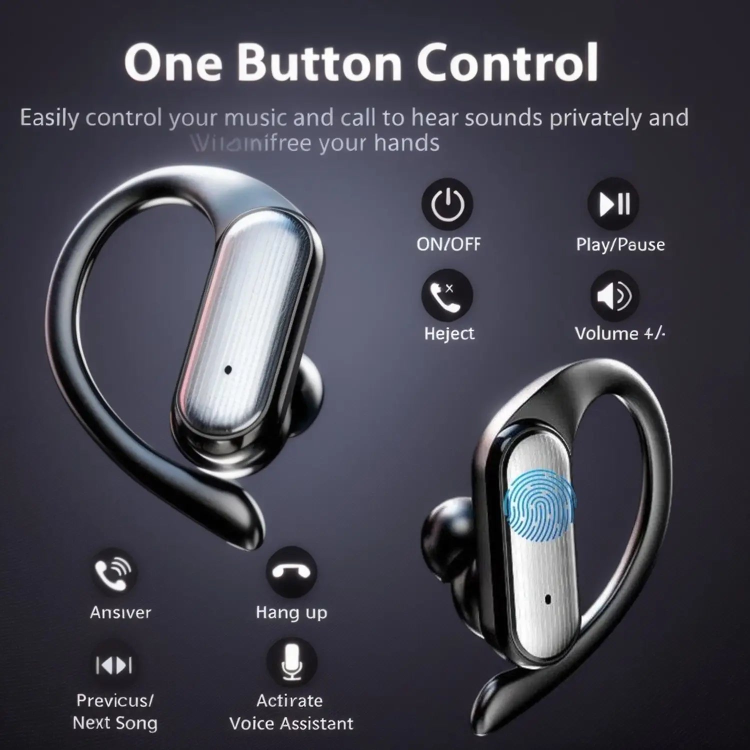 Black and silver wireless earhook earbuds with a sleek ergonomic design and one-button control for music and calls featuring hd stereo and Bluetooth 5.0 connectivity