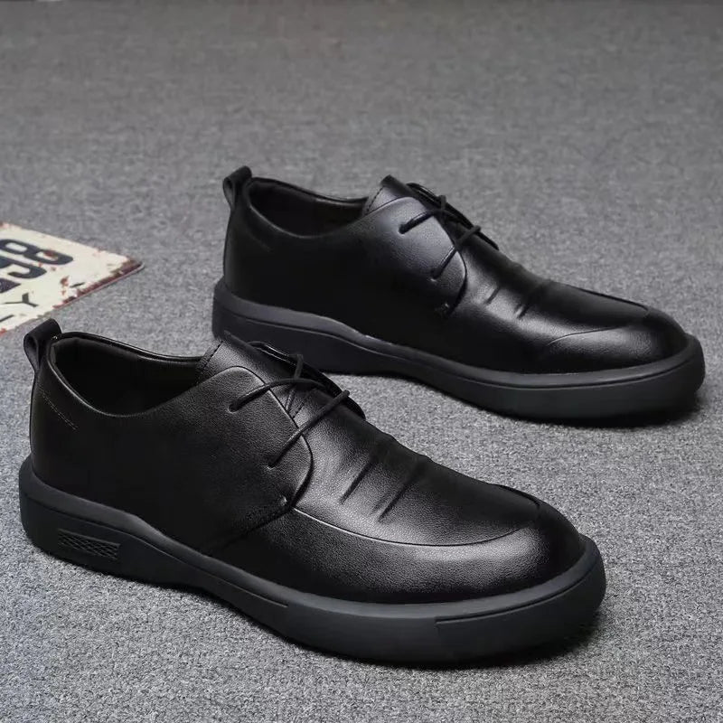 Black Men Dress Casual Shoes British Fashion Round Toe Breathable Soft Sole Comfortable Lace Up