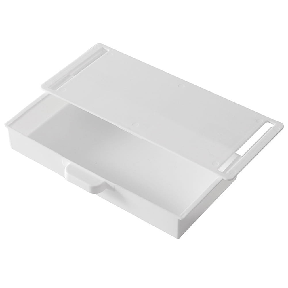 Boîte de rangement en ABS blanche de type tiroir pour organisateur de tiroir sous bureau, avec couvercle à charnière et poignée intégrée.