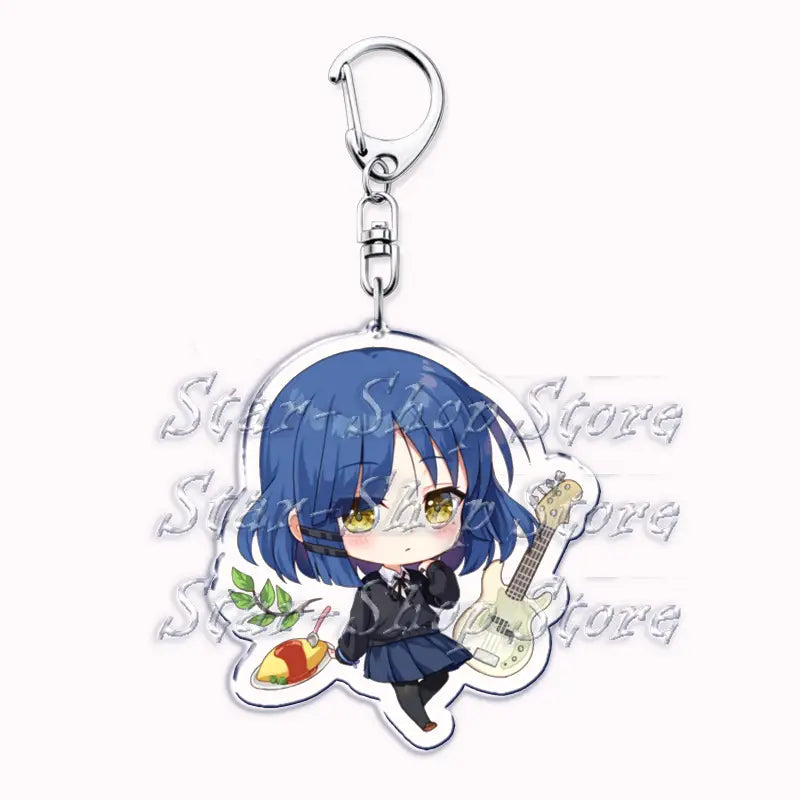 Blue-haired chibi anime character acrylic keychain from Bocchi the Rock with a silver metal clasp and clear acrylic body.