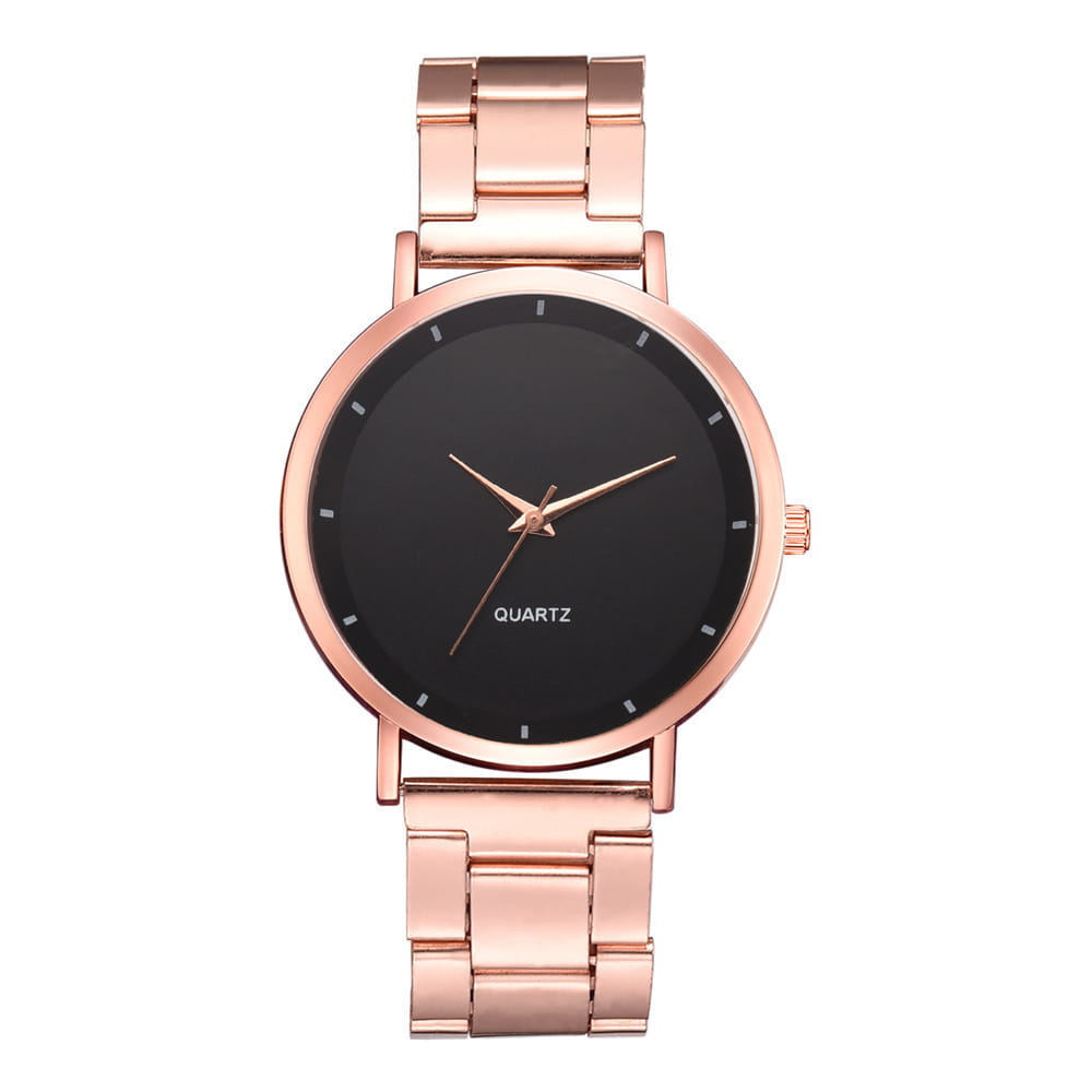 Rose gold women luxury watch quartz business wristwatch with a rose gold-toned stainless steel case, sleek black dial, and minimalist hour markers.