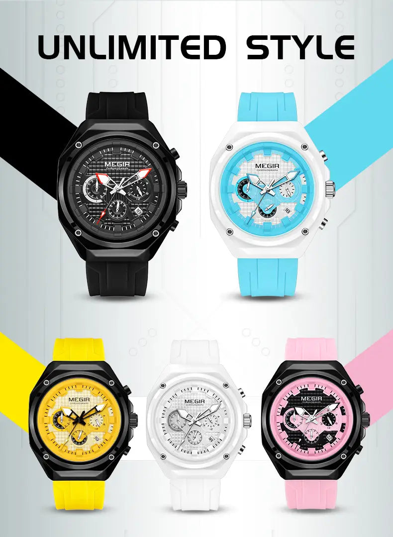 Five colorful Megir sport chronograph watches with bold sporty designs and vibrant silicone straps in black white yellow blue and pink.