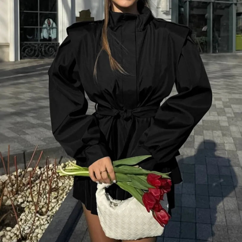 Vintage Trench Coats Women 2025 New Autumn Solid Lace Up Lapel Jacket Casual Loose Full Sleeve Coat High Street Office Outwear