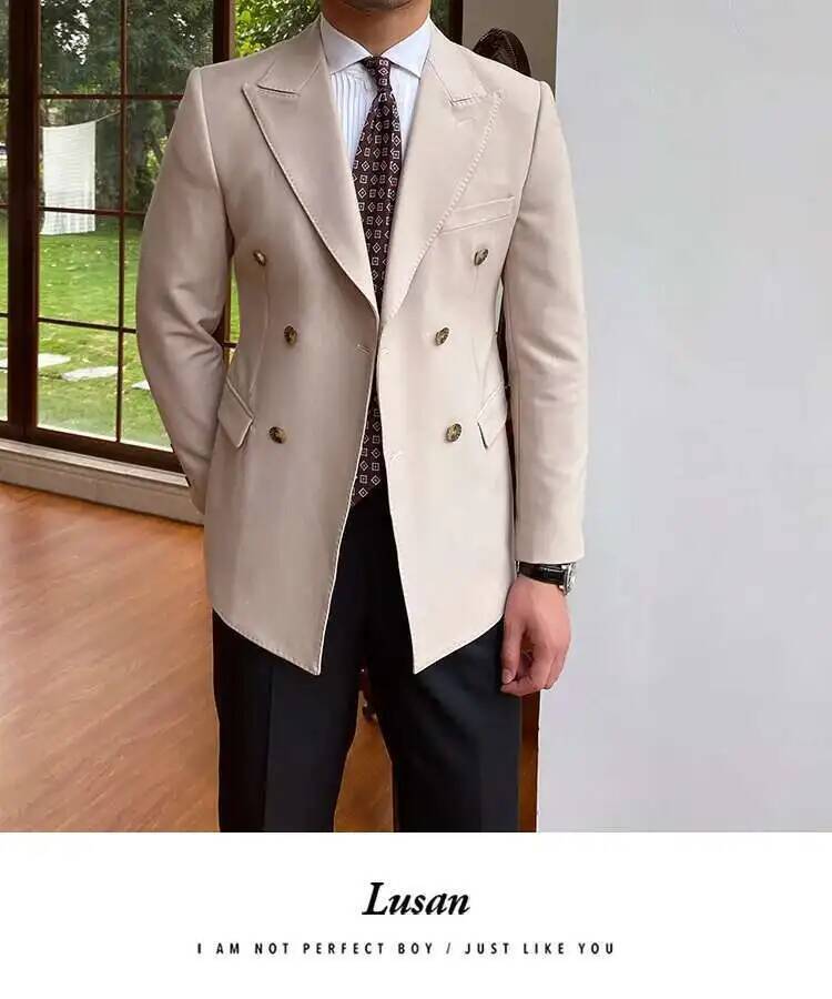 Beige double breasted slim fit men blazer jacket with gold toned buttons and tailored fit.