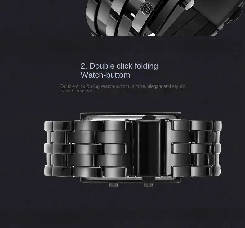 black metallic link watch band with double-click folding clasp on the back side of a binary led stainless steel waterproof men watch