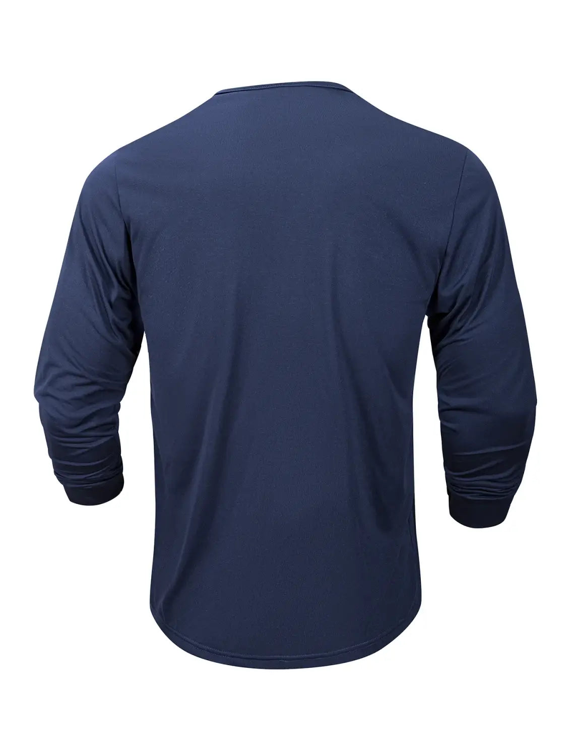 Dunkelblaues Herren-Langarm-Henley-Shirt mit Rundhalsausschnitt und gerippten Bündchen, entworfen als lässiger Basic-Pullover.