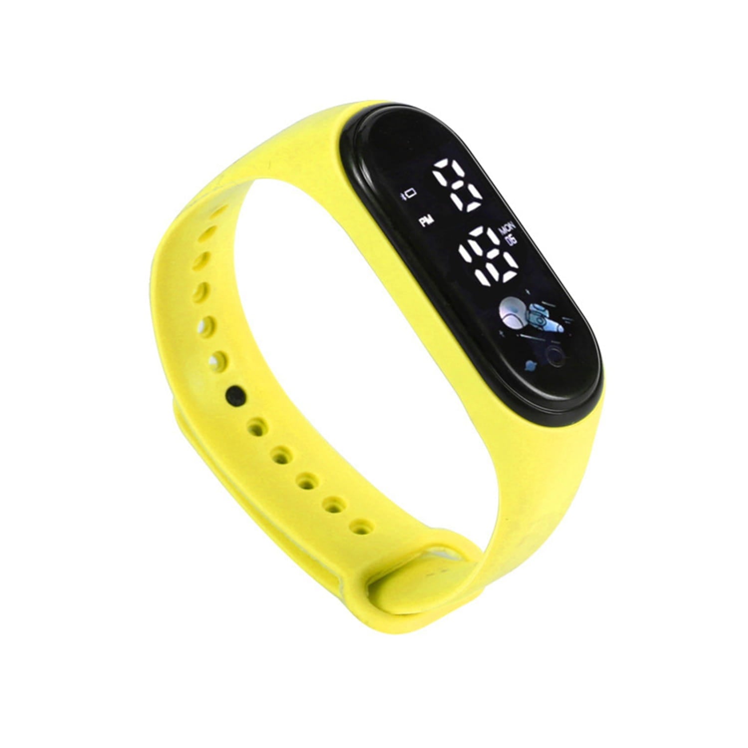 Bright yellow kids digital LED silicone sports watch with a black digital display showing time and date.