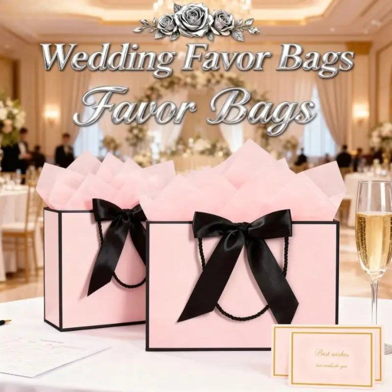 Sachets cadeaux roses avec nœuds en satin noirs et bordure noire, conçus comme des sachets de faveur de mariage, dans un ensemble avec cartes.