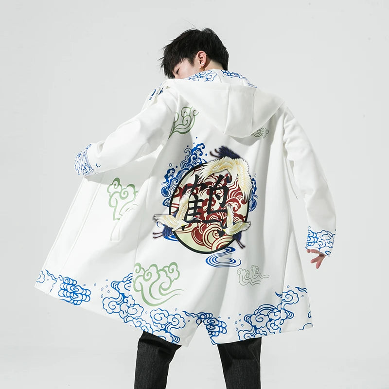 Streetwear Men's Hooded Jacket Long Oversized Trench 2024 Men  Long Trench Casual Printed Men Woman Jacket Coat Fashion Clothes
