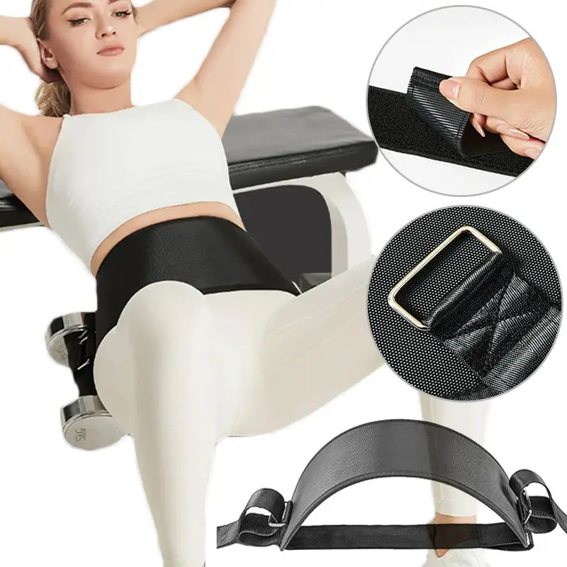 black textured fabric waist trainer belt with adjustable strap and metal buckle designed for adjustable hip thrust weight bearing with decorate root and hidden width features at 750px height