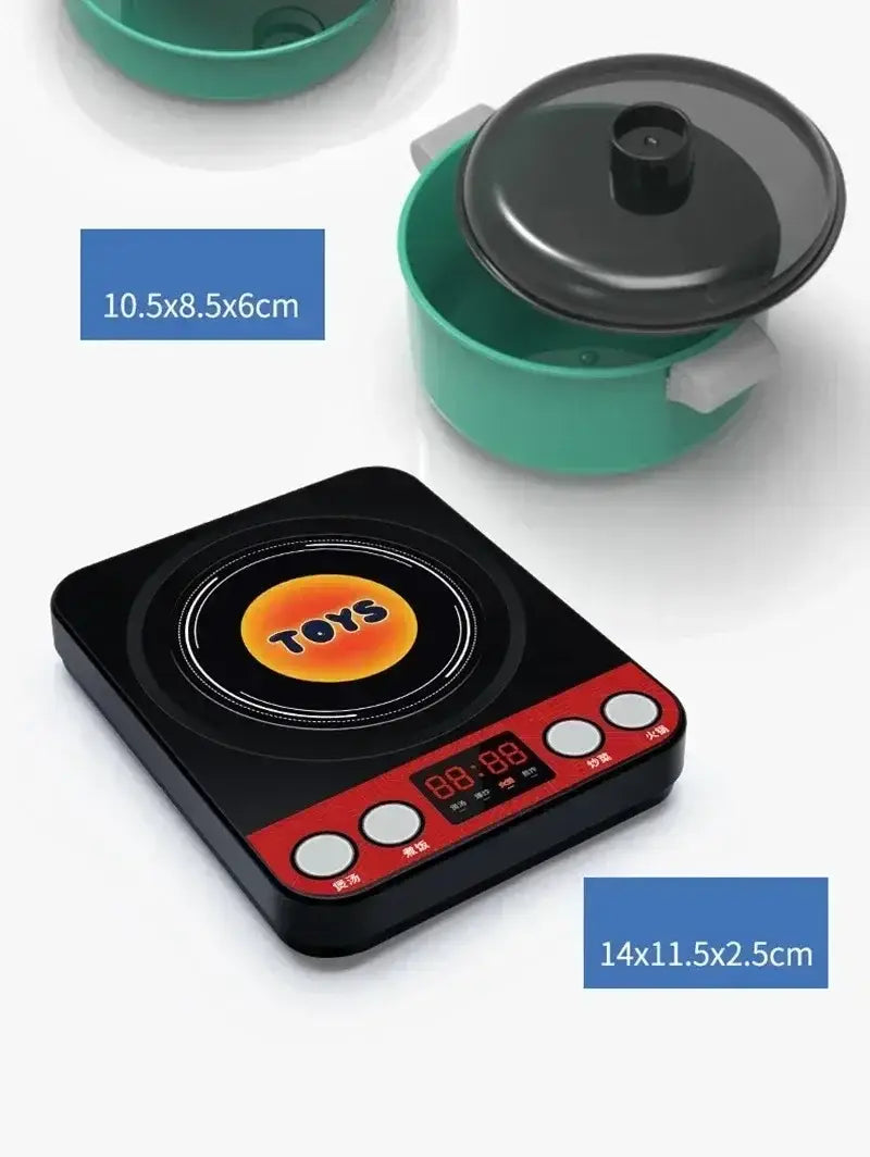 Induktionskochfeld-Spielzeug aus Schwarz mit rotem digitalem Bedienfeld und orangefarbenem rundem Logo für Spielzeug, ausgelegt für das Set für Küchenzubehör zum Spielen, Kochspielzeug für Kinder
