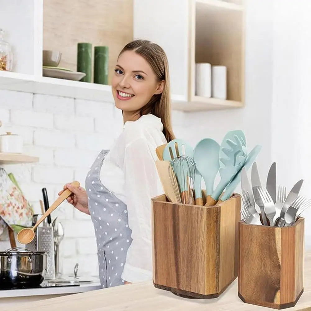 Wooden rotating kitchen utensil holder countertop organizer with natural grain finish designed for countertop storage and organization