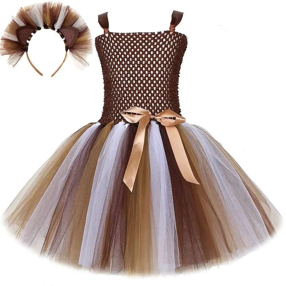 Vestido de tul para niña pequeña con temática de león-jungla, de color marrón, con corsé de malla, falda de tul en capas marrón, beige y gris, y lazo de satén dorado en la cintura, mostrado desde el frente