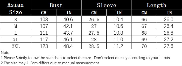 Size chart for women cotton short sleeve button up shirt in asian fit showing measurements in centimeters and inches for sizes S to 2XL.
