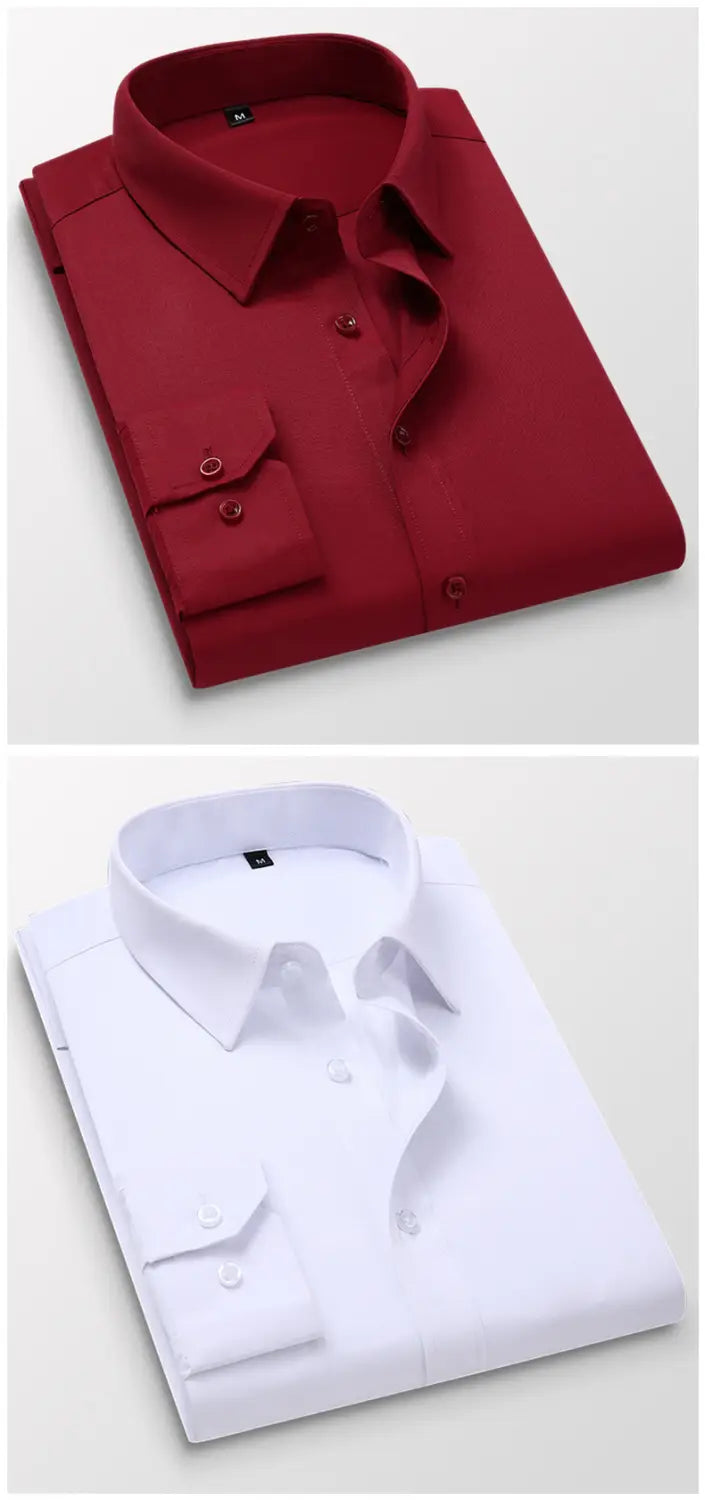 A crisp white long-sleeved dress shirt with a classic collar and buttoned cuffs designed for casual long use in business office or club party settings.