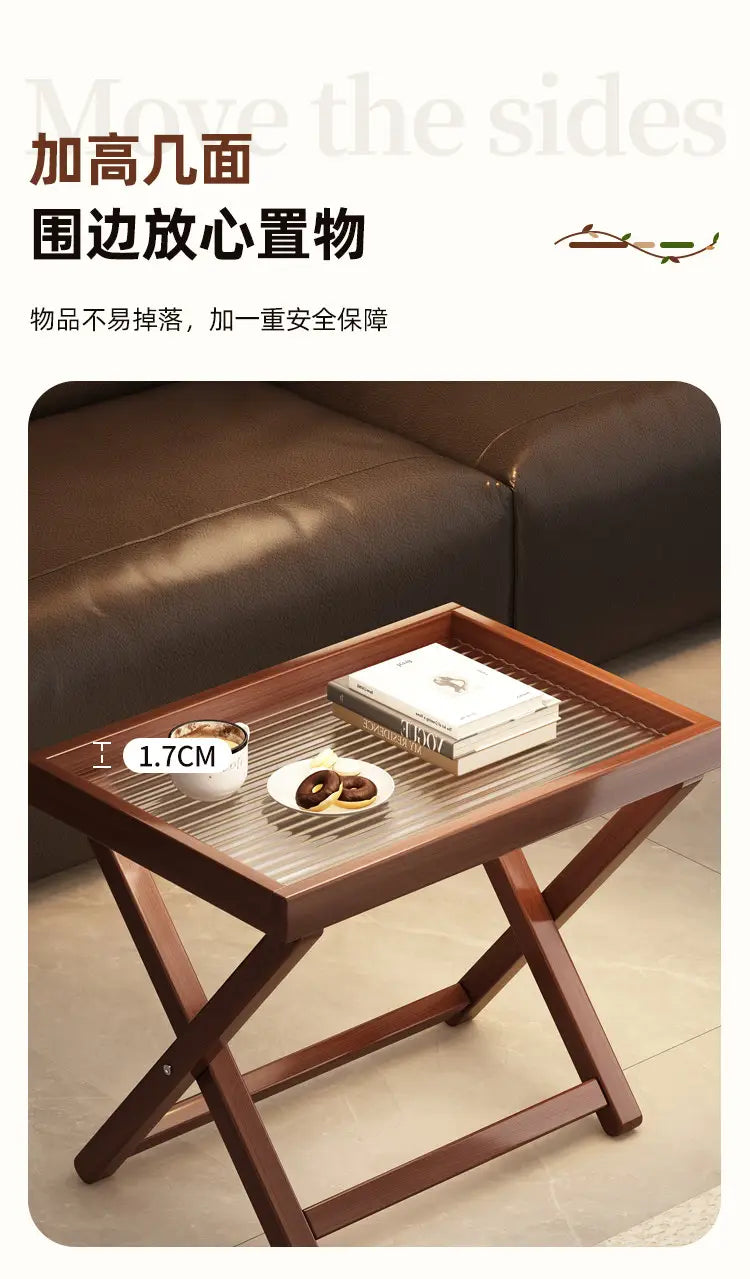 brown wooden folding tray with glass top and metal grid design highlighting product selling points of the foldable glass side table wood frame