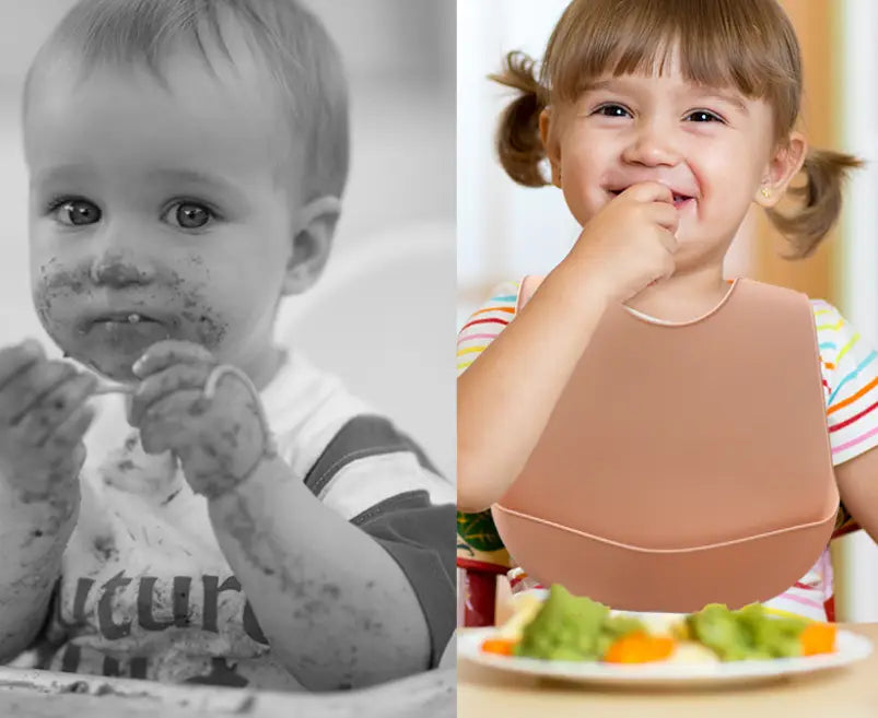 Beiges Silikon-Lätzchen für Babys mit abgerundetem Halsausschnitt und glatter, flexibler Oberfläche; wasserfest und verstellbar für eine einfache Anwendung.