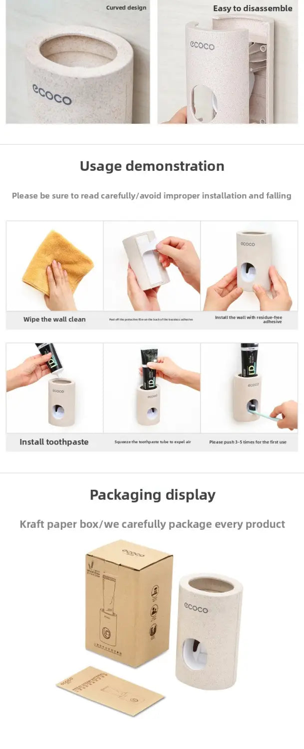 White cylindrical wall-mounted toothpaste dispenser with a sleek curved design and ecoco brand logo in a wall mounted toothpaste dispenser and holder set.