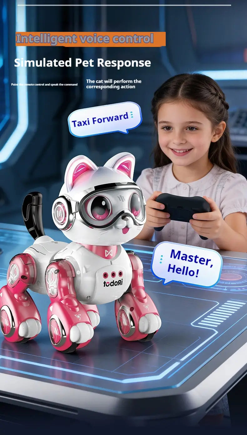Pink and white remote control robotic cat toy with goggles designed as a Todori smart pet for interactive play.