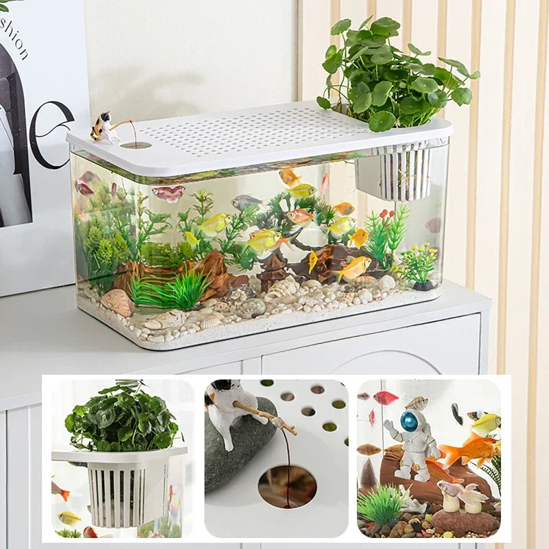 PET+ABS Fish Tank New Transparent with Lid Aquarium Drop Resistant Hydroponic Turtle Tank Home Lazy Fish Tank