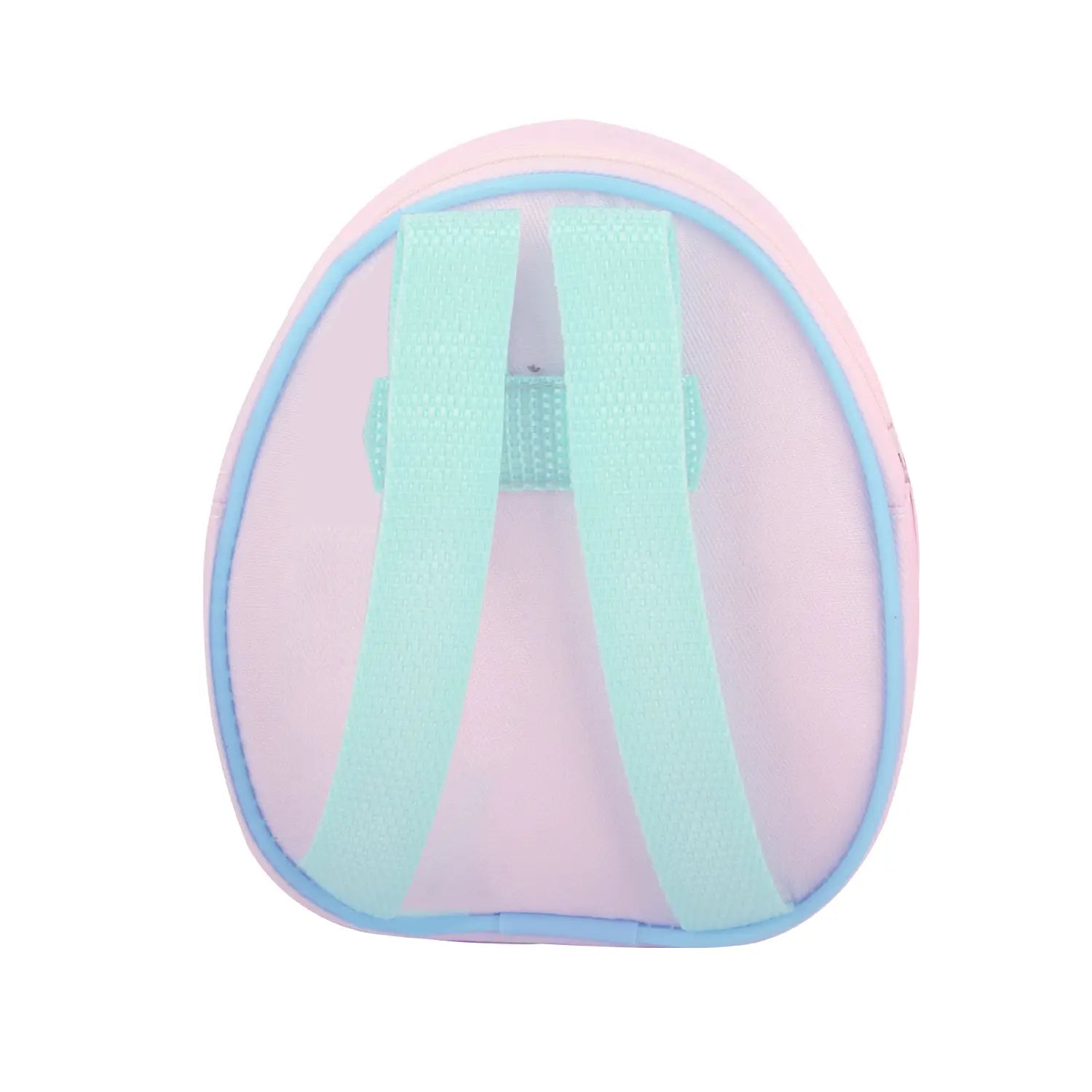Pastellrosa und hellblauer Mesh-Puppenrucksack mit weichen Stoffträgern, entworfen als niedliches Mini-Cartoon-Reiseetui-Accessoire.