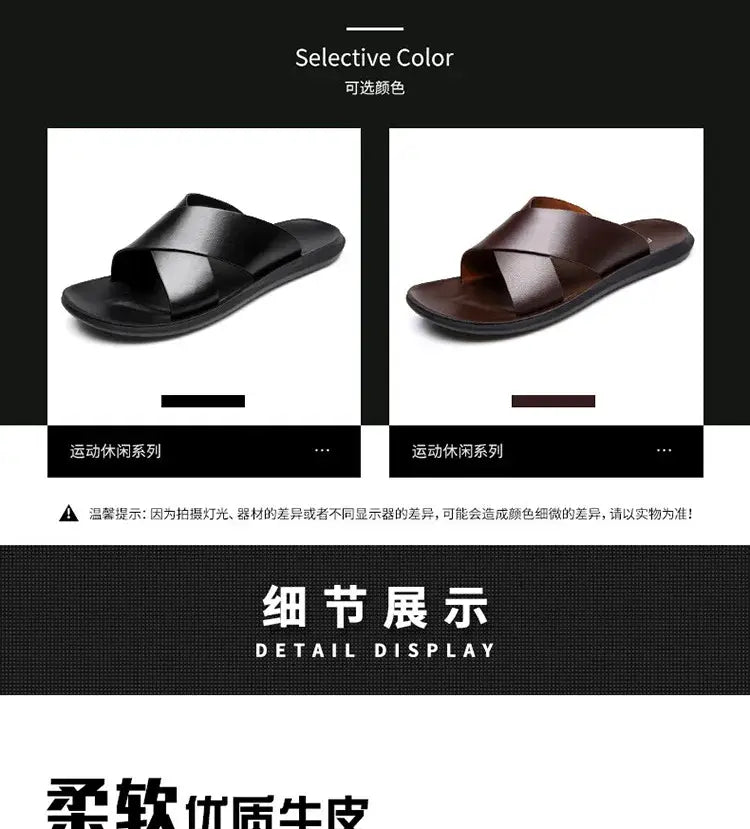 Herren-Echtleder-Slipper in Schwarz und Braun mit Kreuzriemen-Design.