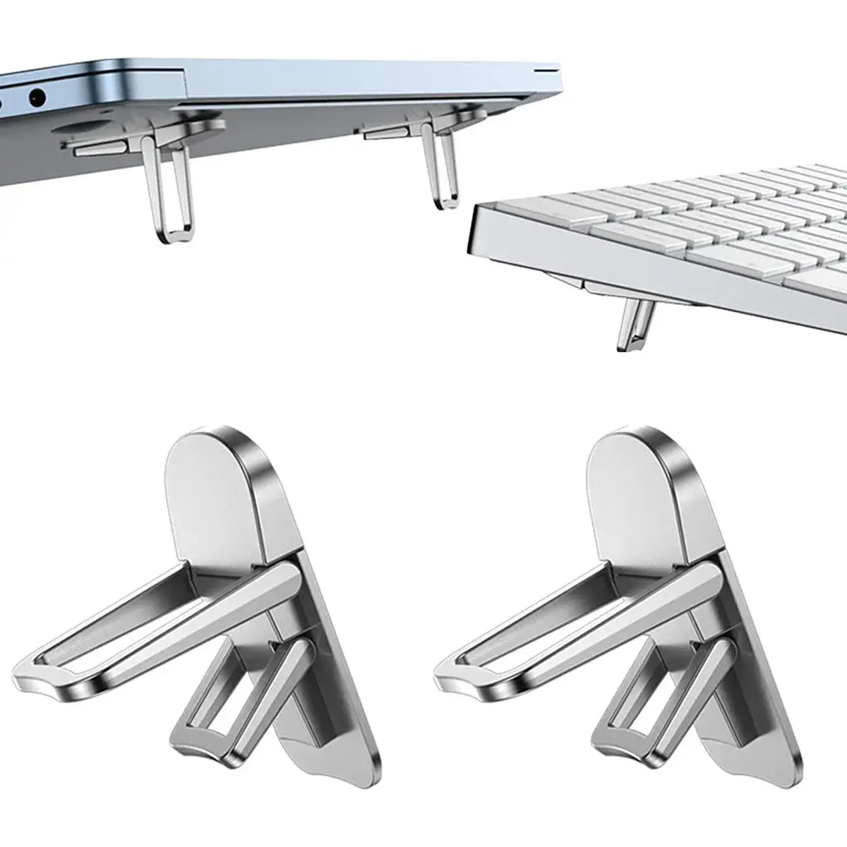 Silver metallic portable foldable laptop stand with adjustable riser and sleek foldable design for ergonomic use.