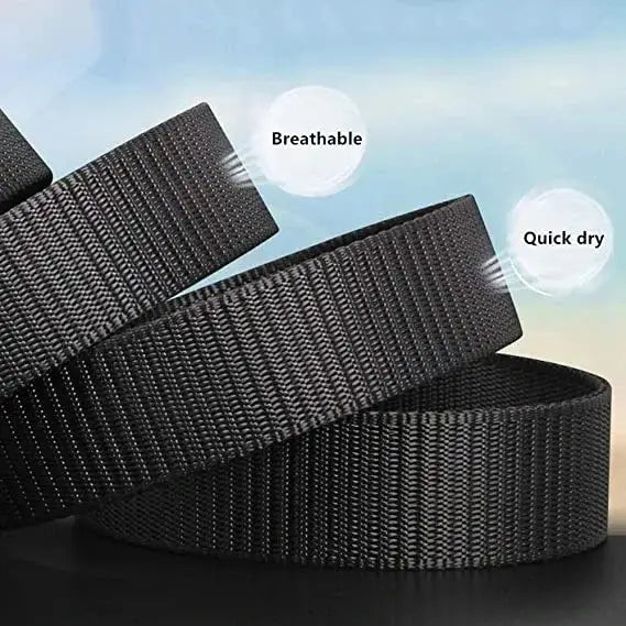 Black woven nylon webbing tactical belt strap with textured breathable weave and quick-dry finish for men outdoor use with matte buckle.
