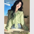 Women's Clothing Spring New Style Small Shirt Western Blouses Style Niche Green Floral Lace-up Shirt