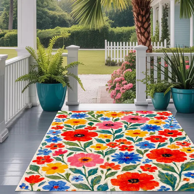 vibrant floral-patterned green grass door mat with bold red blue yellow and pink blossoms on a cream background designed for living room use and suitable for hand wash cleaning
