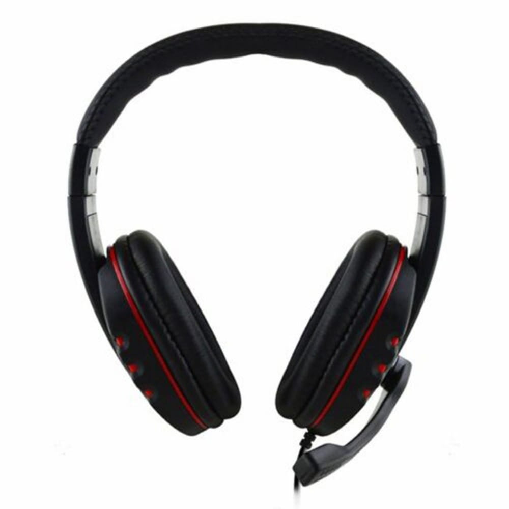 Auriculares para juegos negros supraaurales con cable, con micrófono desmontable y costuras de acento rojas, diseñados para uso en PC y PS4.