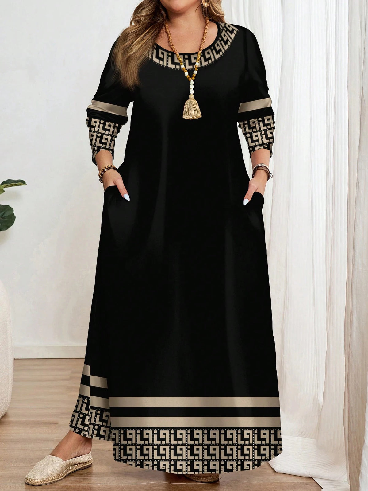 Plus-size women's fashion ethnic geometric print round neck long sleeve dress
