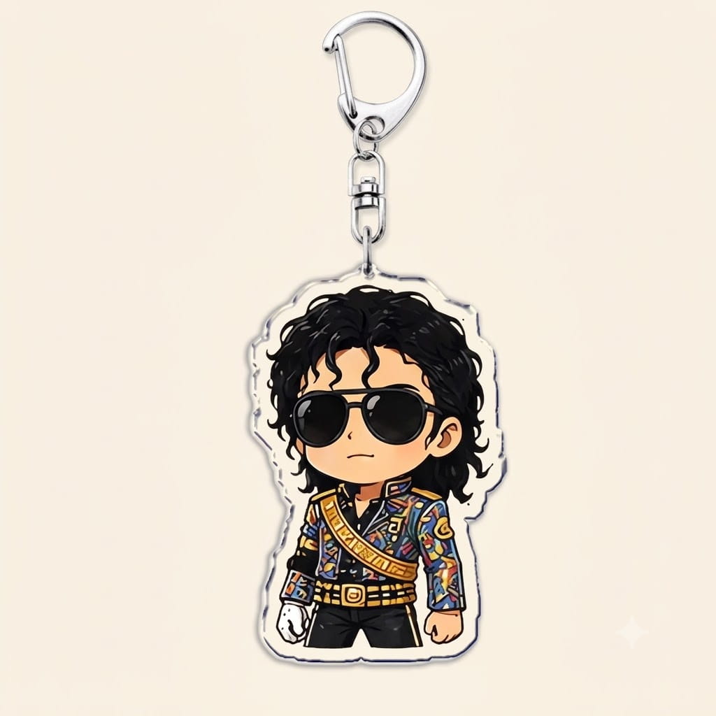 Chic cartoon-style michael jackson chibi acrylic keychain featuring a stylized figure in black sunglasses and a colorful patterned jacket with gold accents.