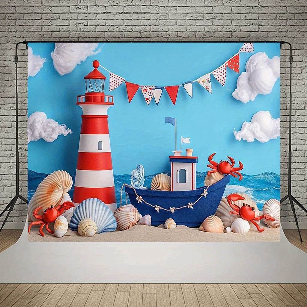 1 children's birthday background cloth with a nautical theme - colorful sailboats, lighthouses, shells and crab patterns