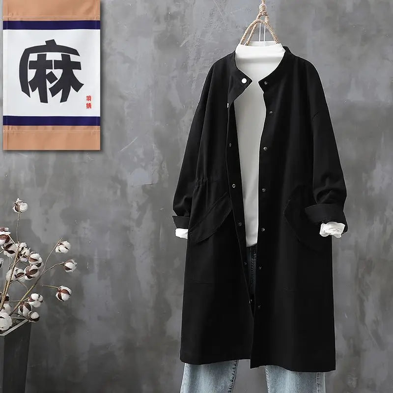 Long Trench Women Solid Round Neck Single Breasted Jackets Full Sleeve Casual Loose Pockets Coats Cardigan Lady Spring Autumn