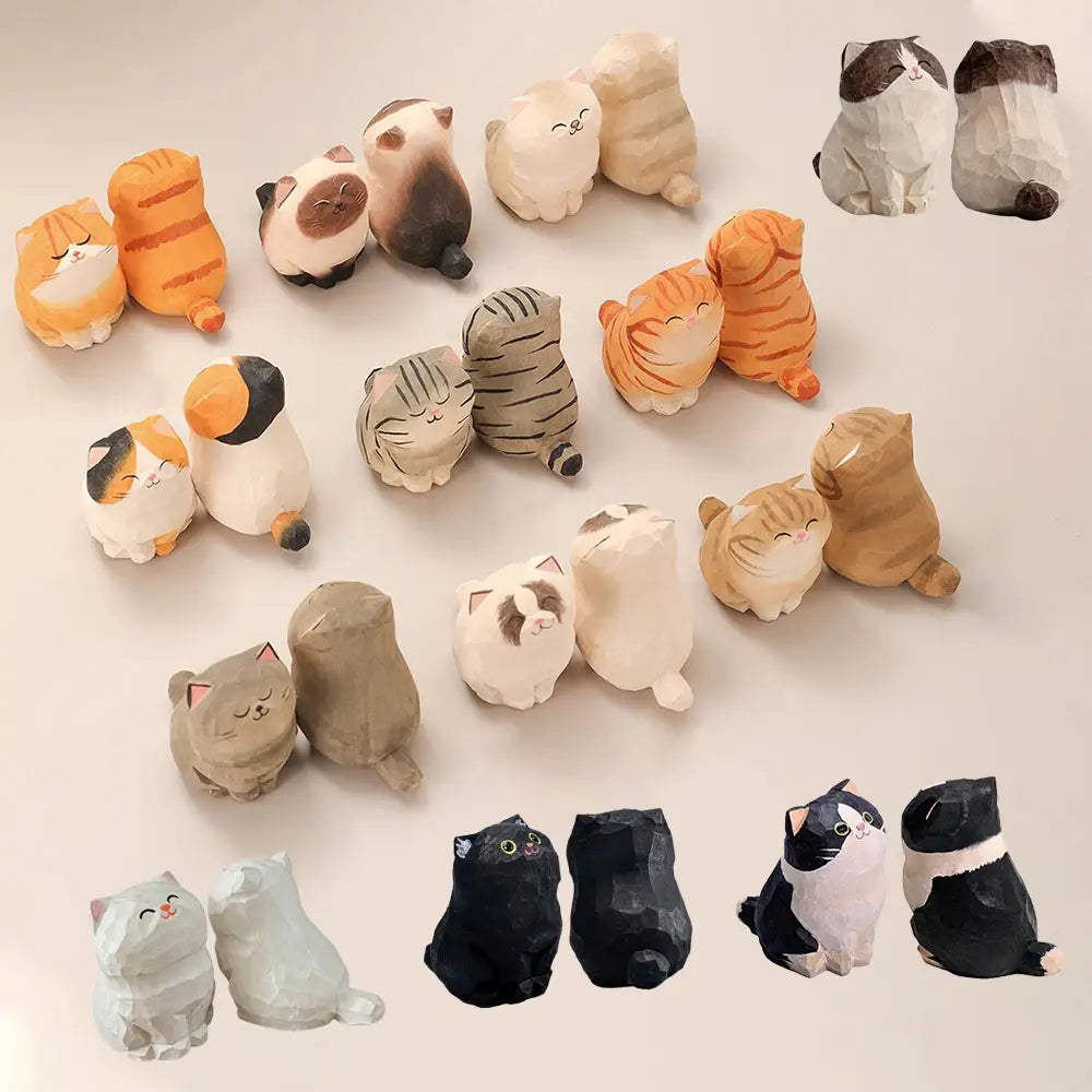 Handcrafted wooden cat figurine desk decor featuring cute pastel colors, soft rounded features, and detailed fur patterns as an actual product available factory direct.