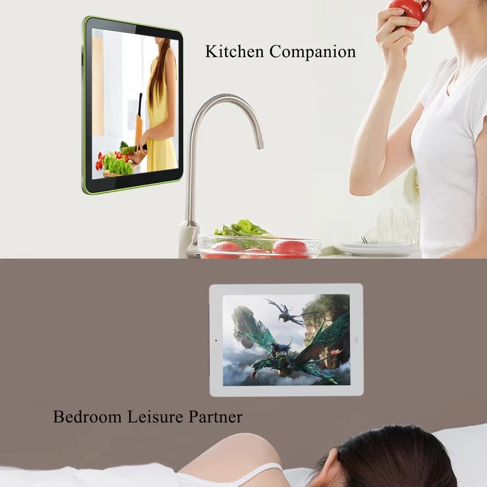 A sleek rectangular tablet with a black bezel and green trim mounted on a tablet wall mount adjustable router holder showing vibrant kitchen and gaming scenes.
