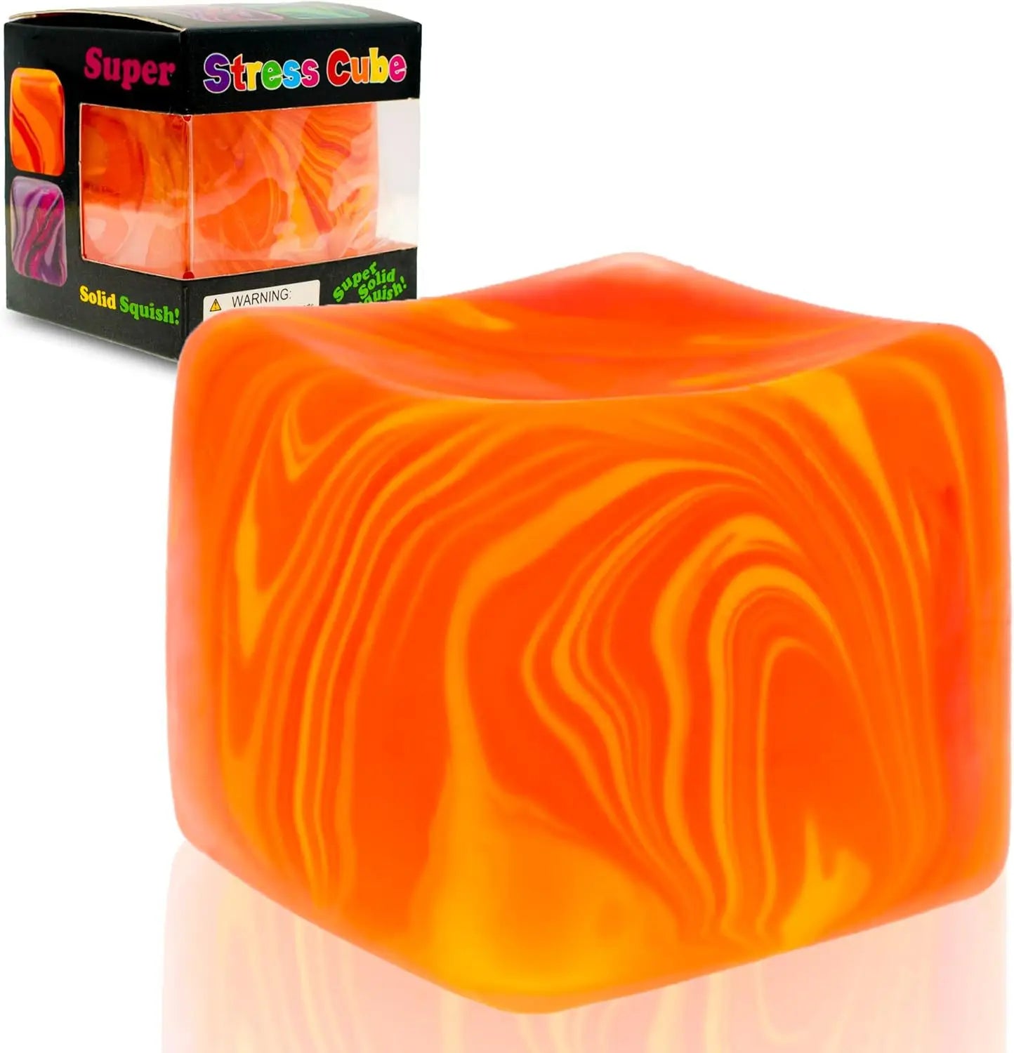 vibrant orange and yellow marble swirl cube squeeze toy with a glossy, squishy surface designed as a slow rising sensory fidget.