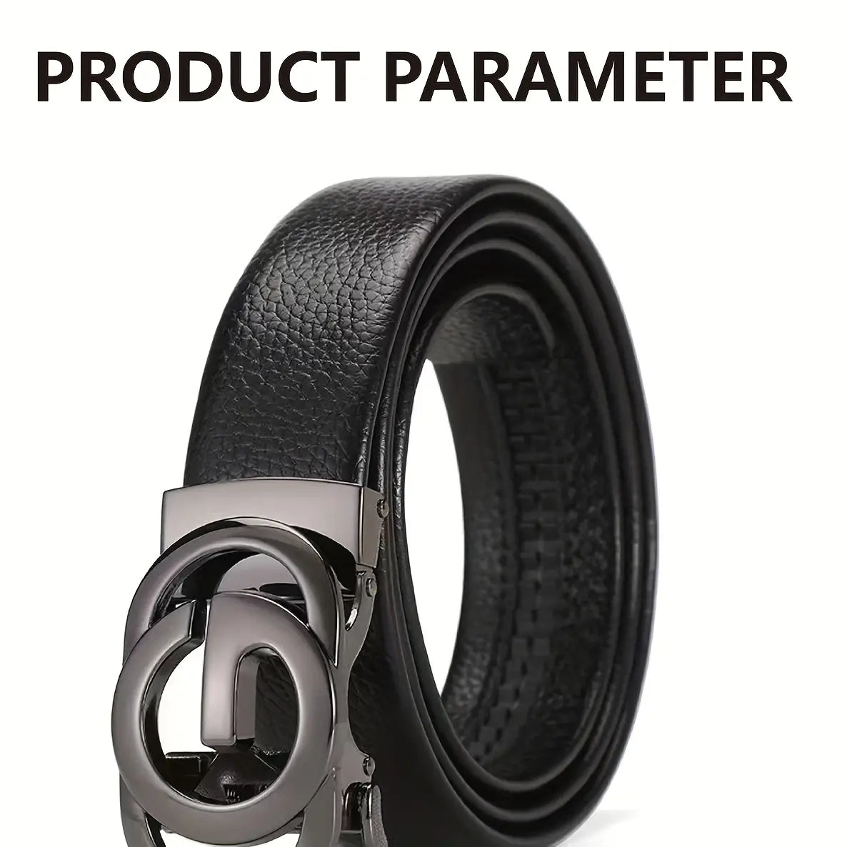 Mens automatic buckle leather belt in black with a sleek metallic silver-toned automatic buckle featuring an interlocking circular design.