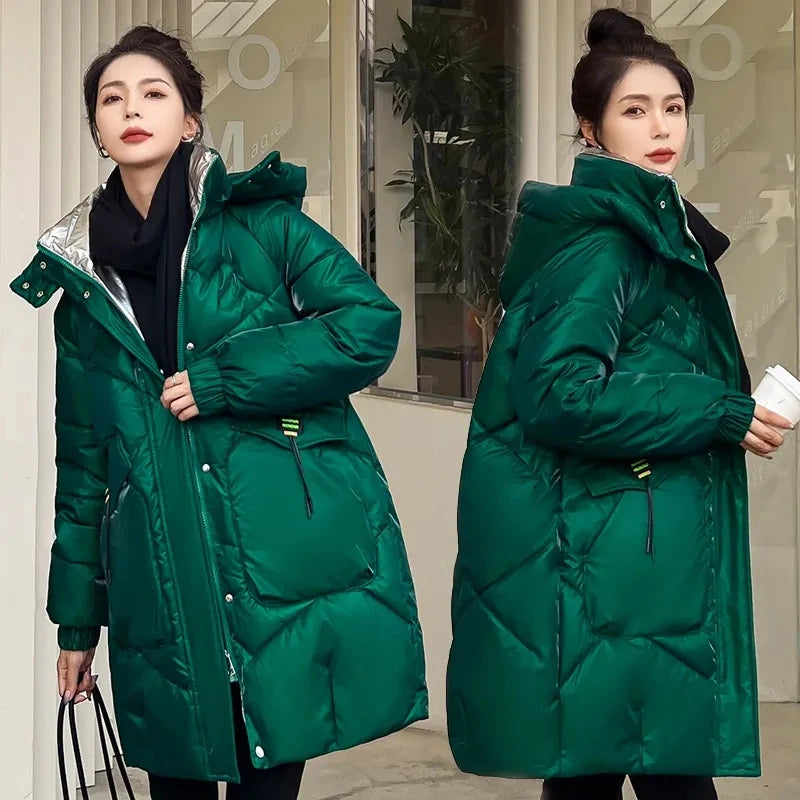 2026 Fashion New Bright Fabric Thick Warm Winter Jackets Women's Cotton Padded Coats Mid-Length Women Parkas Female Outerwear