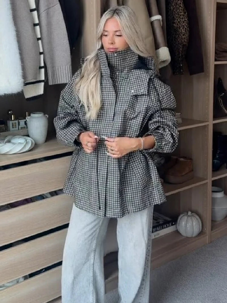 Casual Plaid Hooded Trench Jacket Women Classic Stand Collar Adjustable Drawstring Waist Loose Coats Lady Fall Fashion Outerwear