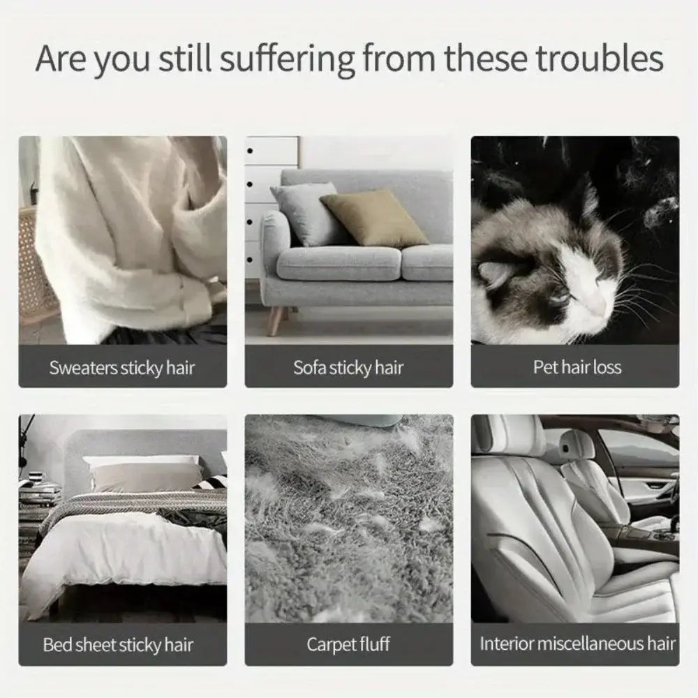 Das Bild zeigt einen doppelseitigen Tierhaar-Entferner und eine Fusselbürste in Schwarz, die auf verschiedenen Oberflächen verwendet wird, darunter Pullover, Sofas, Haustiere, Bettlaken, Teppiche und Innenräume von Autos, wobei sichtbare Haare daran hängen bleiben.